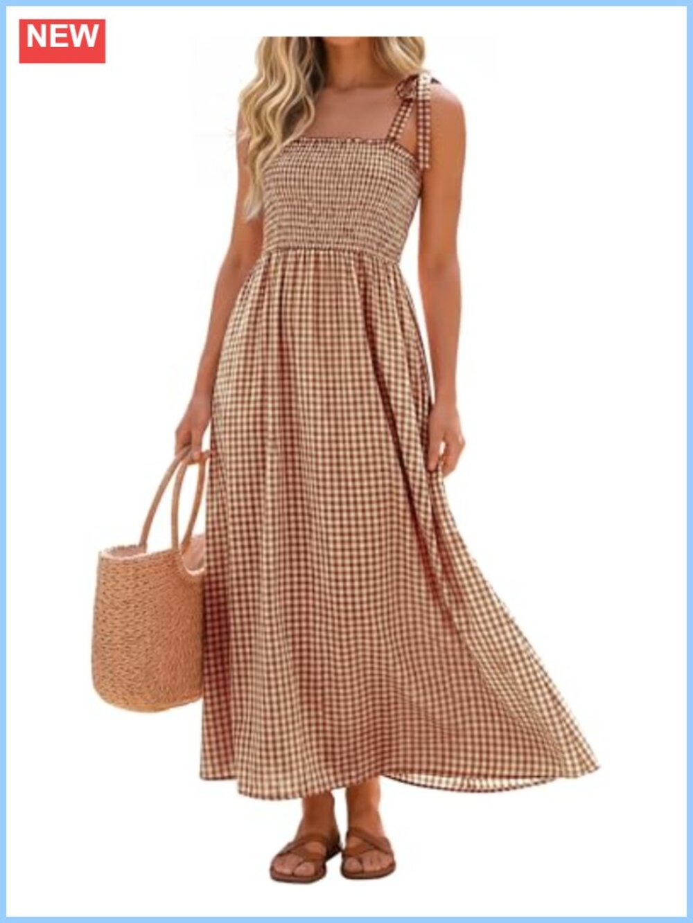 Women's Plaid Maxi Dress Cotton Blend A-Line Smocked Sleeveless Summer Flowy